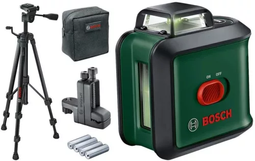 BOSCH 0603663E01 UniversalLevel 360 Keresztvonalas zöld szintezőlézer + TT 150 Állvány + MM 3 Univerzális tartóállvány + 4 db 1,5 V-os LR6 (AA)
